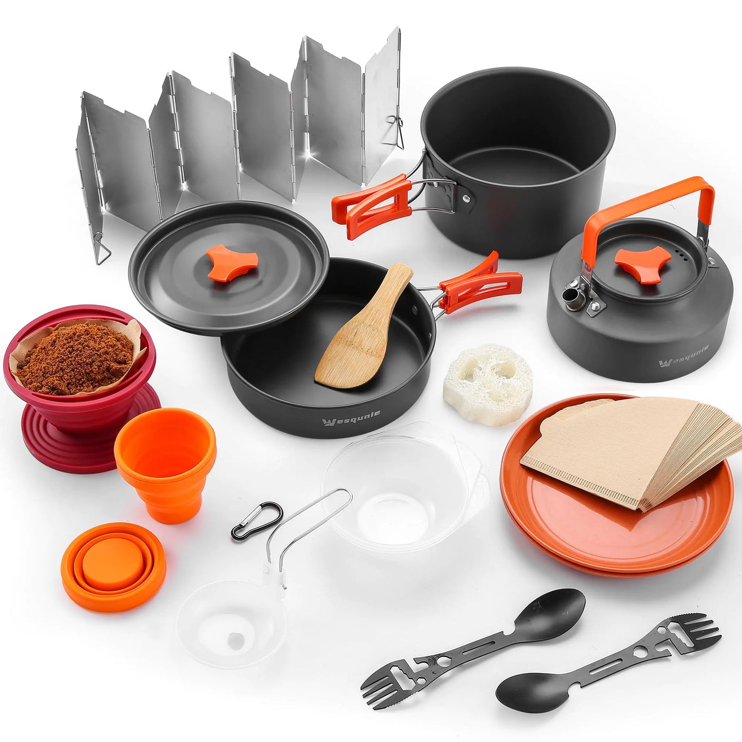 Wesqunie 20Pcs Camp Cooking Cookware Utensils Set - Backpacking Portable Kitchen Mess Kit with Camping Pot Pan Tea Kettle Coffee Filter Camping Essentials Accessories for Hiking Camping Outdoor