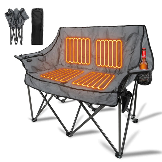 YepXearn Double Heated Camping Chair Fully Plush Padded Camping Chair Loveseat with Cup Holder 2 Persons Lawn Chair Camping Couch for Outdoor/Patio Supports up to 600lbs Gray No Power Bank