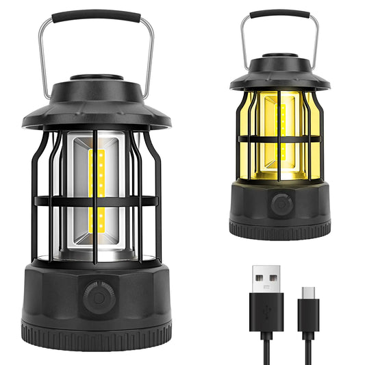 Camping Lantern Rechargeable USB Powered Stepless Dimmer Metal Retro Camping Light Waterproof Hanging LED Vintage Tent Lamp for Outdoor Hiking Fishing Emergency (Black)